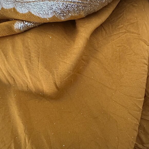 Anthropologie Maeve Flowy Mini Dress Tie Neck Long Cuffed Sleeve Gold Metallic L - Picture 16 of 16